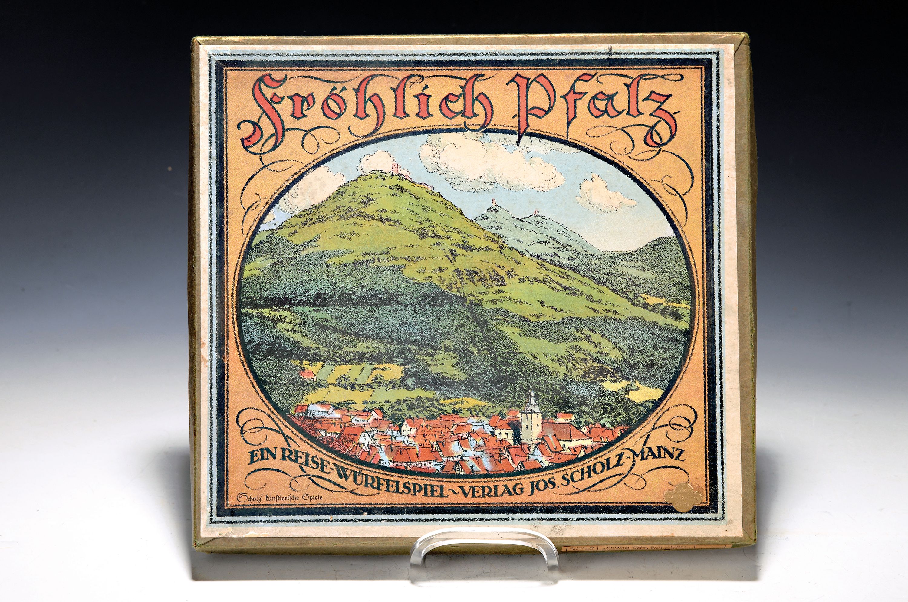 Reise-Würfelspiel der Pfalz, "Fröhlich Pfalz", aus der Sammlung "Scholz", um 1900/10, künstlerische Spiele, Inhalt: ein ...