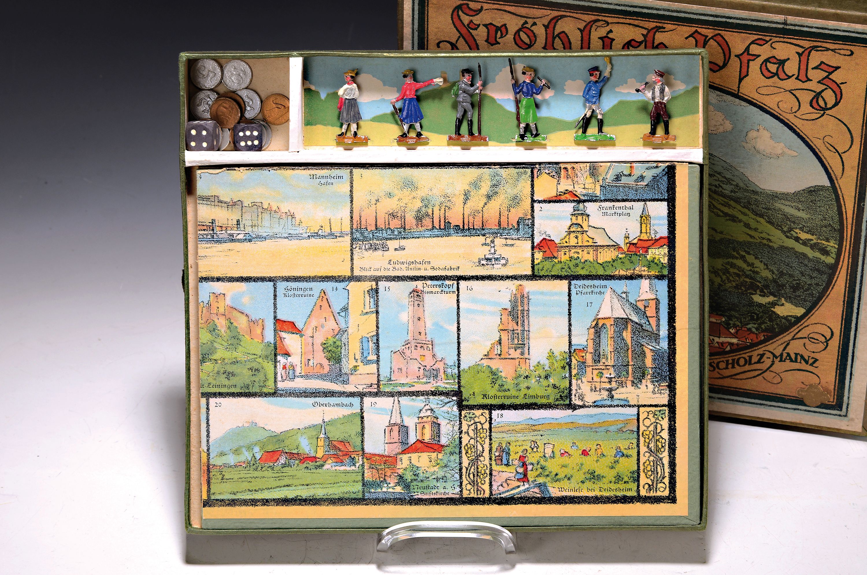 Detail a: Reise-Würfelspiel der Pfalz, "Fröhlich Pfalz", aus der Sammlung "Scholz", um 1900/10, künstlerische Spiele, Inhalt: ein ...