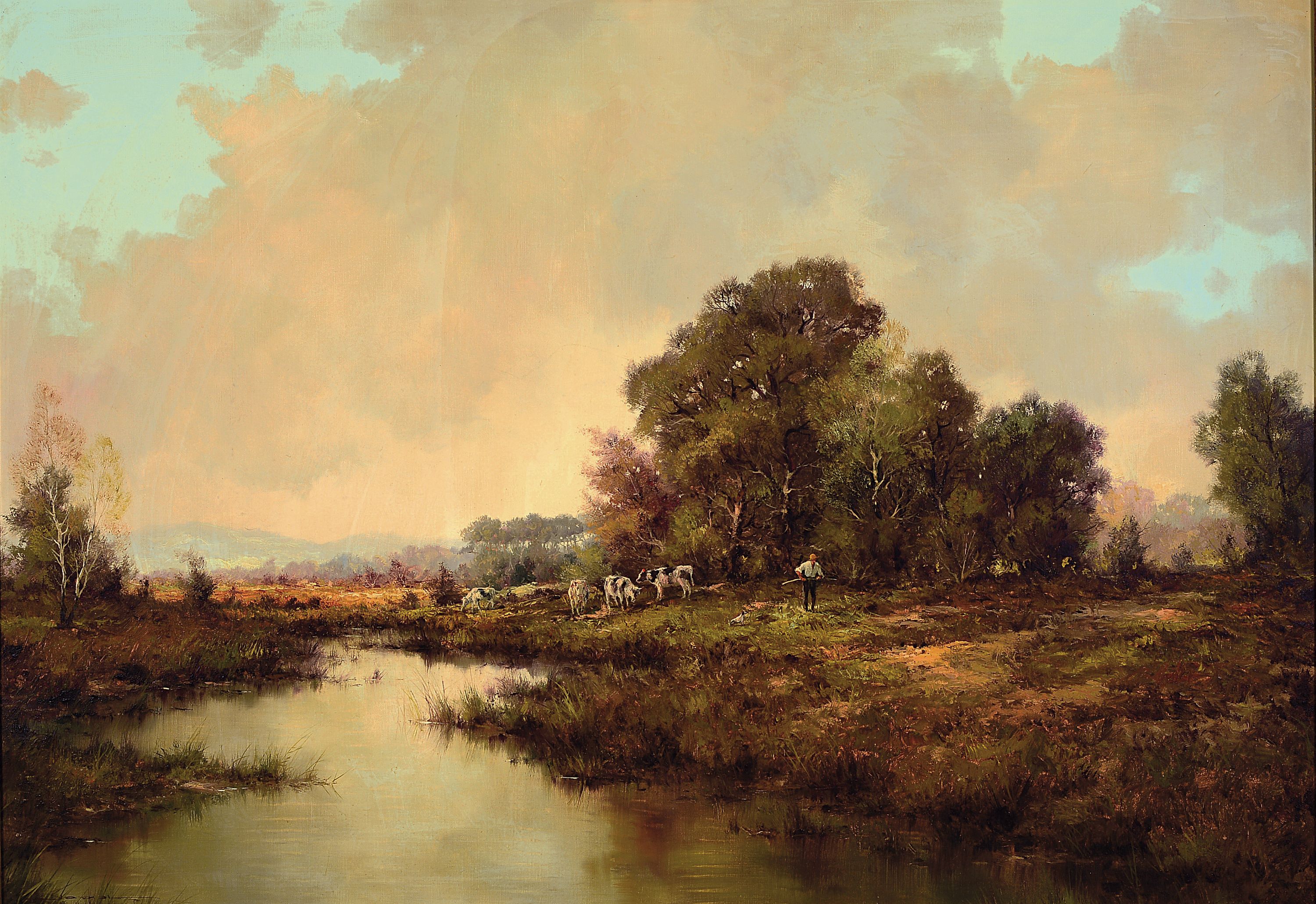 Eduard Nowack, geb. 1921 in Herne, Studium in den USA, hier: Voralpenlandschaft mit Hirte und Fleckvieh am Bach, Öl/Lwd, li. u. signiert, ca. 70 x ...