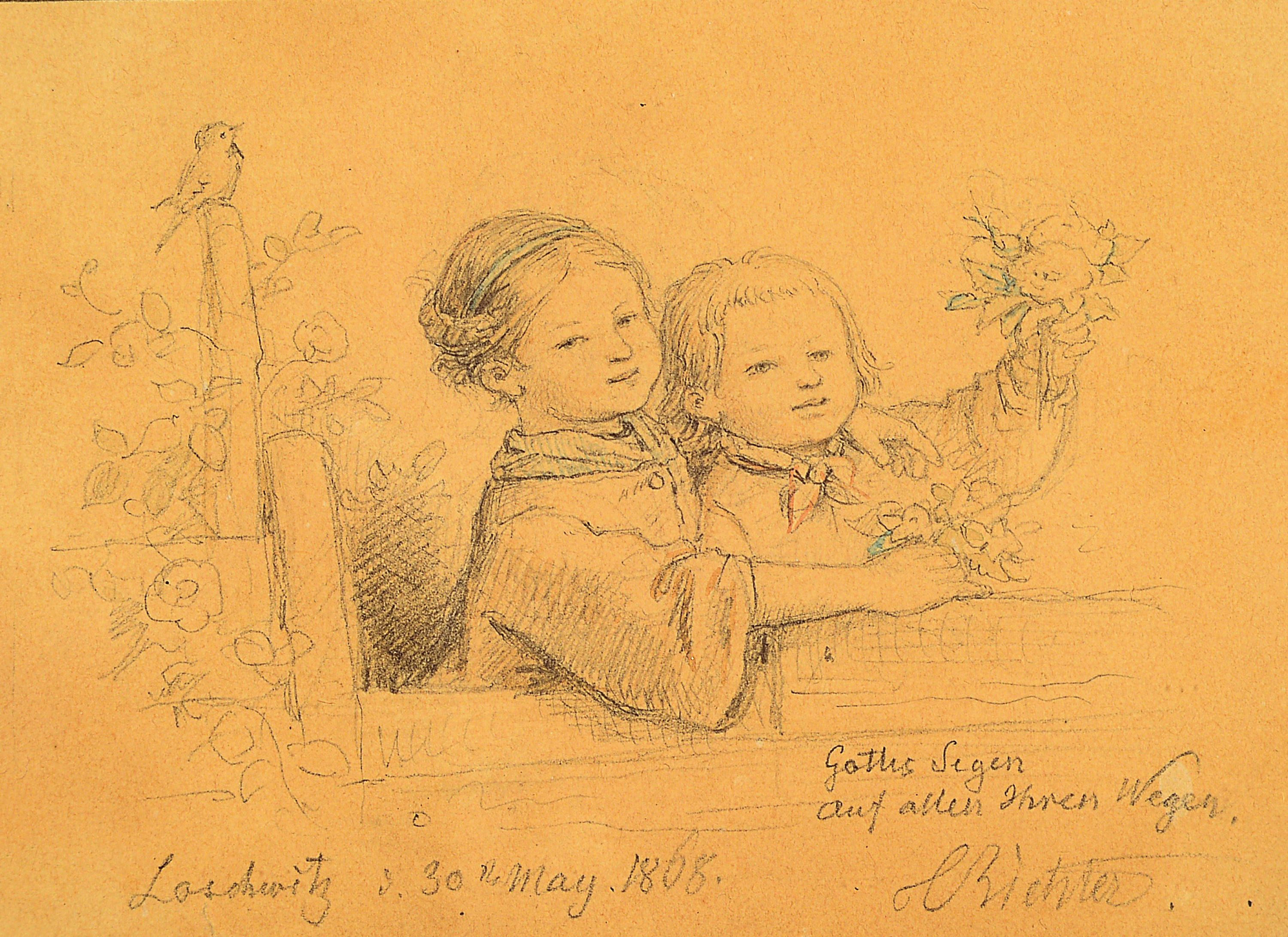 Ludwig Richter, 1803-1884 Dresden, bedeutender Maler und Zeichner der deutschen Spätromantik, hier: Geschwisterpaar, Bleistift auf Papier ...