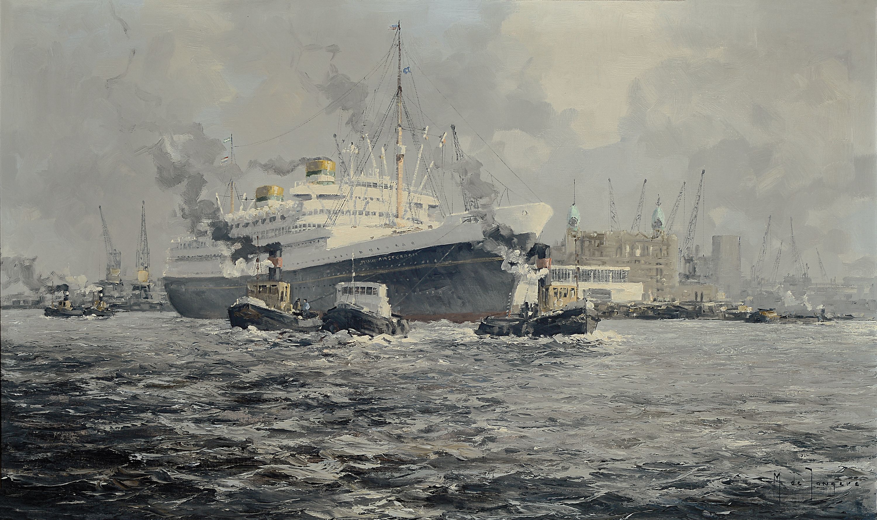 Marinus Johannes de Jongere, 1912-1978 Amsterdam, Ansicht des Hafens von Rotterdam,Schhlepper beim ziehen eines Dampfers, rechts unten signiert, ...