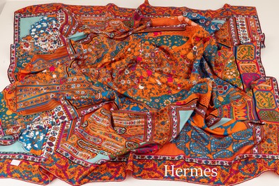 Image HERMES CARREE Tapis Persians , Made in France, 100 % silk, ground orange, with colorful ...