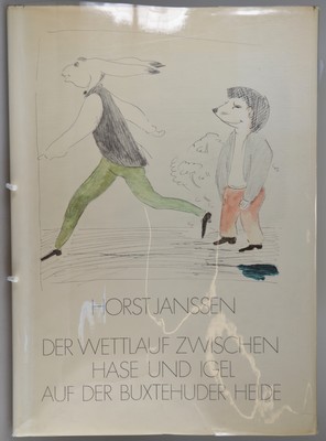26773882c - Horst Janssen, 1929-1995 Hamburg, #"The race between the hare and the hedgehog on the Buxtehuder Heath#", Pfullingen 1973, special edition with an original etching #"Portrait Friederike#", Ed. 80/100, hand-signed and dated 1973, 40x28 cm, numerous color illustrations, paper cover with dust jacket made of transparent plastic (damaged on the left); Janssen's interpretation of Wilhelm Schröder's fairy tale from 1840