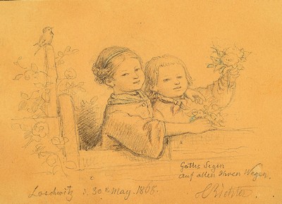 Image 26773886 - Ludwig Richter, 1803-1884 Dresden, important painter and drawer of the German late romanticism, here: siblings, pencil on paper (tanned), signed: God's blessing on all your paths L. Richter, dated: Loschwitz May 30, 1808, approx. 7x9.5cm, under glass, frame, on the back old annotation: Drawn by Ludwig Richter for Miss Fanny B. Roe in his own hand on May 29, 1848 in Berden