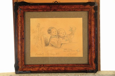 26773886k - Ludwig Richter, 1803-1884 Dresden, important painter and drawer of the German late romanticism, here: siblings, pencil on paper (tanned), signed: God's blessing on all your paths L. Richter, dated: Loschwitz May 30, 1808, approx. 7x9.5cm, under glass, frame, on the back old annotation: Drawn by Ludwig Richter for Miss Fanny B. Roe in his own hand on May 29, 1848 in Berden
