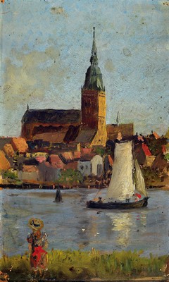 Image 26773887 - Pauline von Gundlach, German painter of the early 20th century, View from Rostock, oil/painting cardboard, minor damage to the edges, signed on the back, approx. 22x14cm, frame approx. 23.5x15.5cm