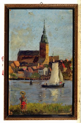 26773887k - Pauline von Gundlach, German painter of the early 20th century, View from Rostock, oil/painting cardboard, minor damage to the edges, signed on the back, approx. 22x14cm, frame approx. 23.5x15.5cm