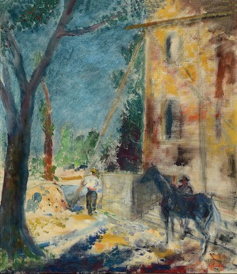 Image 26773888 - Artur Erdle, 1889 Cologne-1961 Düsseldorf, German painter, graphic artist and drawer of the Verschollenen Generation, here: Horse and two men in front of a house, oil/canvas, rightbelow sign., approx. 80x70cm, frame approx. 97x87cm
