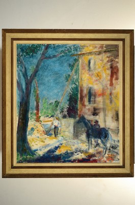 26773888k - Artur Erdle, 1889 Cologne-1961 Düsseldorf, German painter, graphic artist and drawer of the Verschollenen Generation, here: Horse and two men in front of a house, oil/canvas, rightbelow sign., approx. 80x70cm, frame approx. 97x87cm