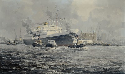 Image 26773892 - Marinus Johannes de Jongere, 1912-1978 Amsterdam, view of the harbor of Rotterdam, tugboat pulling a steamer, signed lower right,oil/canvas, 62x100 cm, frame 70x108 cm