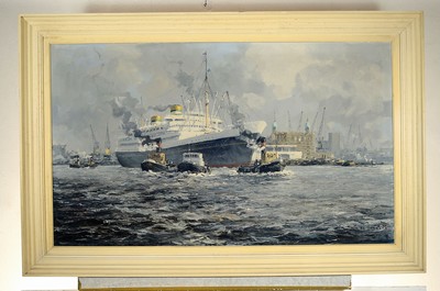 26773892k - Marinus Johannes de Jongere, 1912-1978 Amsterdam, view of the harbor of Rotterdam, tugboat pulling a steamer, signed lower right,oil/canvas, 62x100 cm, frame 70x108 cm