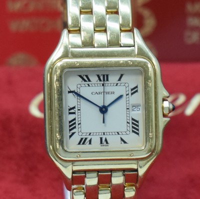 26773894a - CARTIER Panthere wristwatch in 18k yellow gold, Switzerland sold according to papers in June 1995, quartz, two-piece construction case, back with 8 screws, original bracelet with butterfly buckle, silvered dial with Roman numerals, blued steel hands, date, measures approx. 38 x 29 mm, length approx. 18 cm, papers and service-box enclosed, condition 2-3