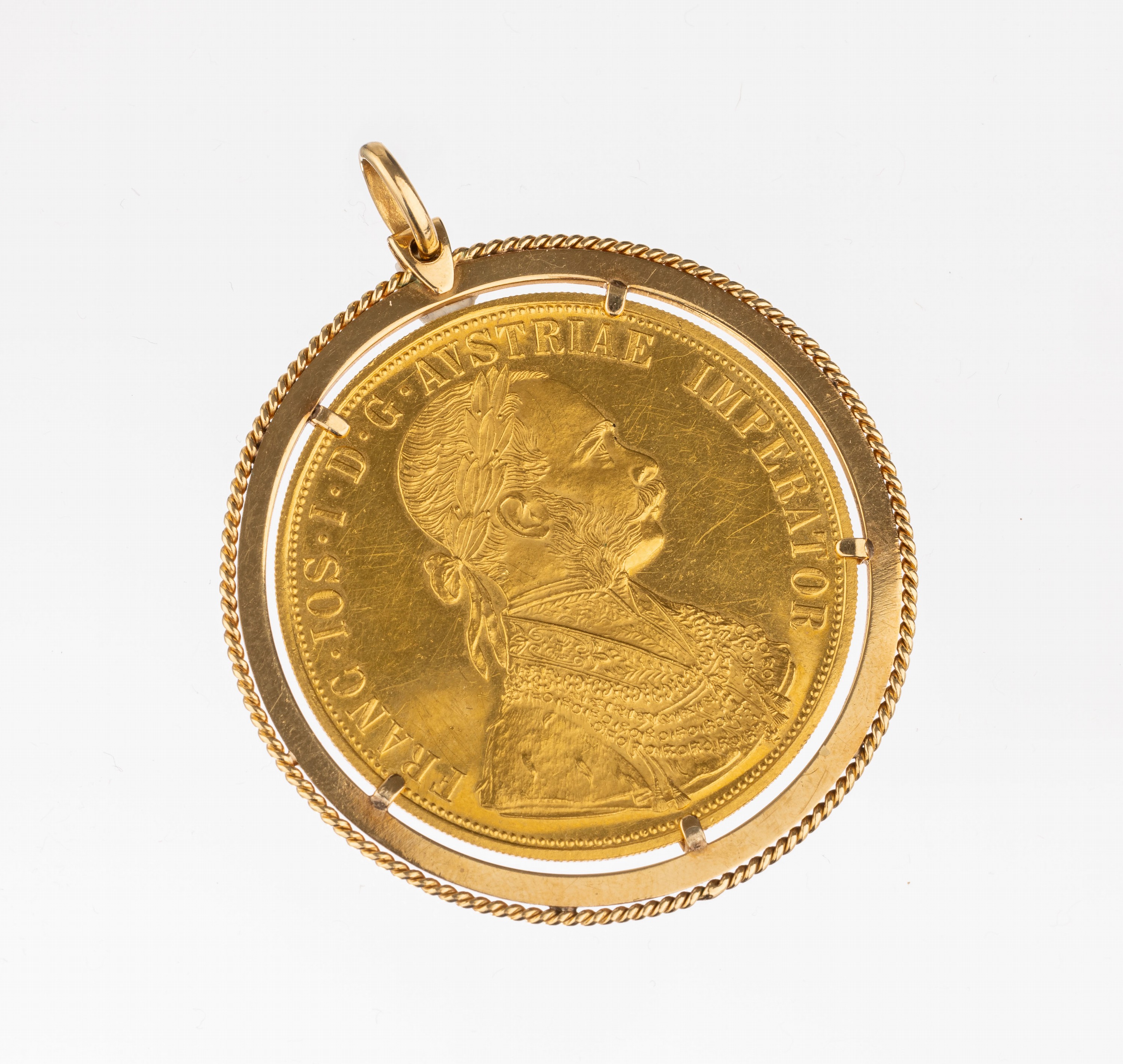18 kt Gold Münzanhänger, GG 750/000, Münzeinlage: 4 Dukaten, Österreich Ungarn 1915, Franz Joseph I., offizielle Nachprägung,ca. 20.7 g