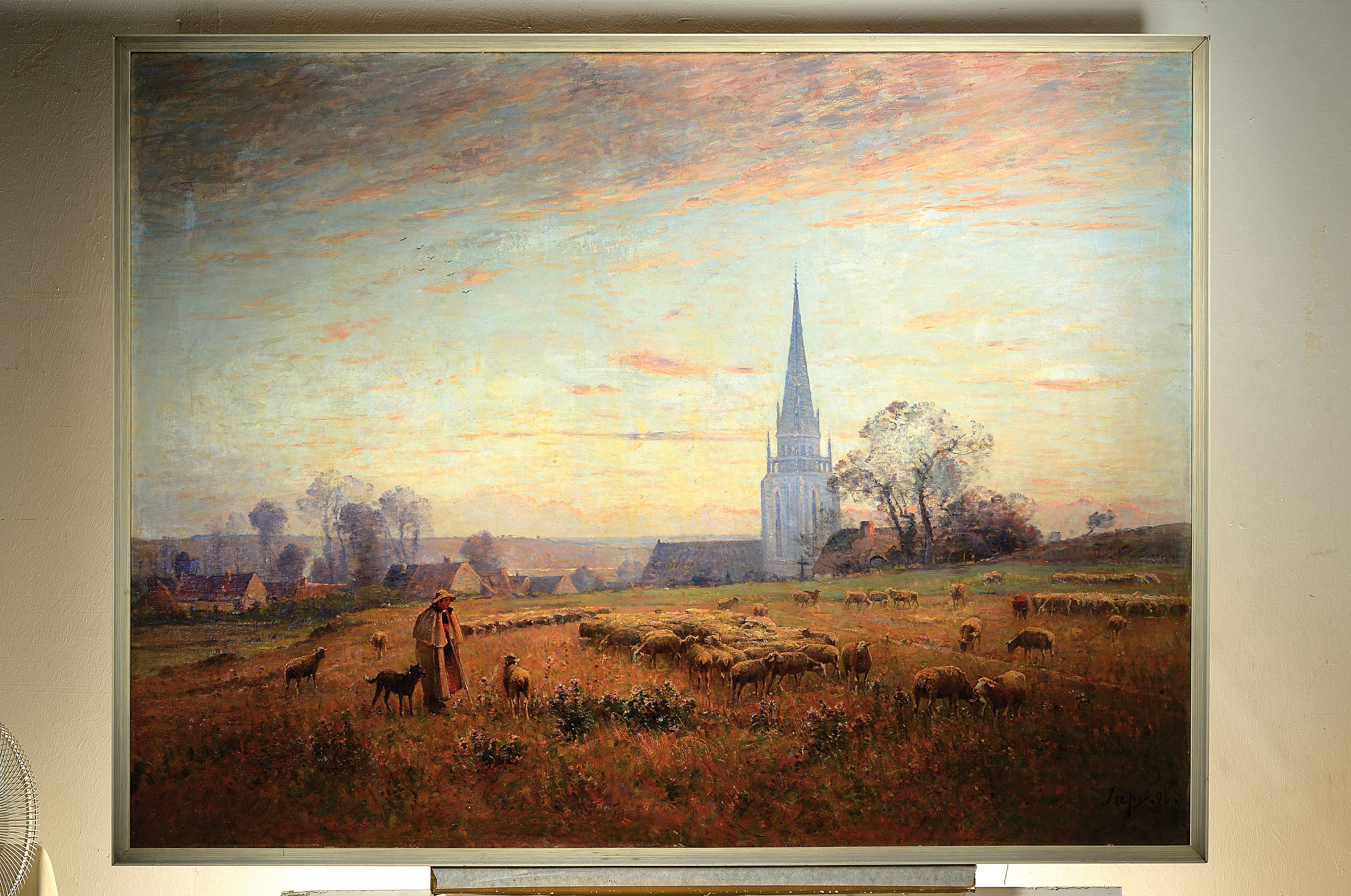Detail k: Louis Aimé Japy, 1840 Doubs-1916 Paris, Schäfer mit seiner Herde vor einer Ortschaft, im Hintergrund die Kirche, Abendstimmung, Öl/Lwd, rest., ...