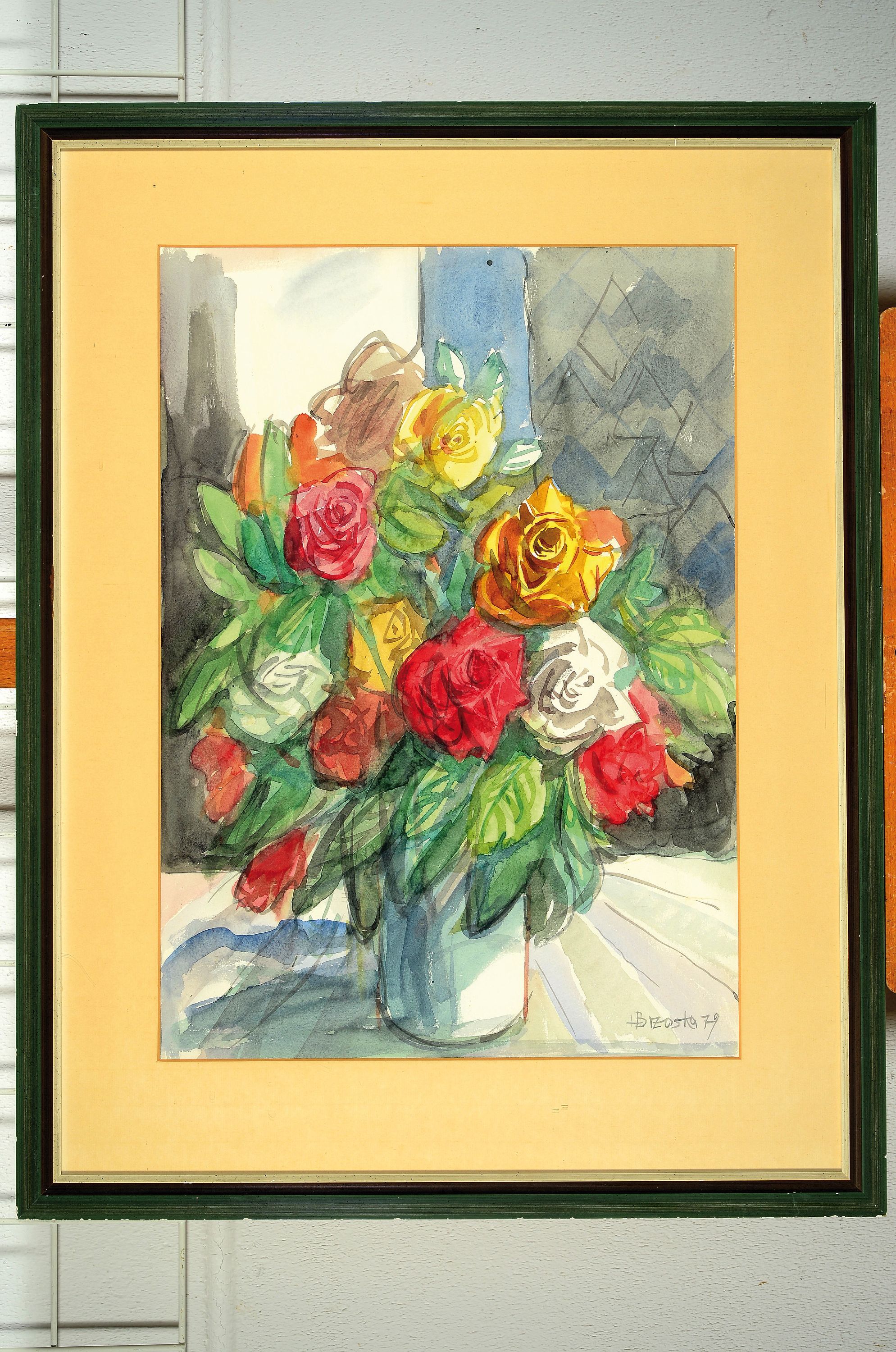 Detail k: Heinz Brzoska, 1942 Kattowitz-2015 Ludwigshafen, Aquarell, Blumenstillleben, 80x62 cm unter Glas gerahmt