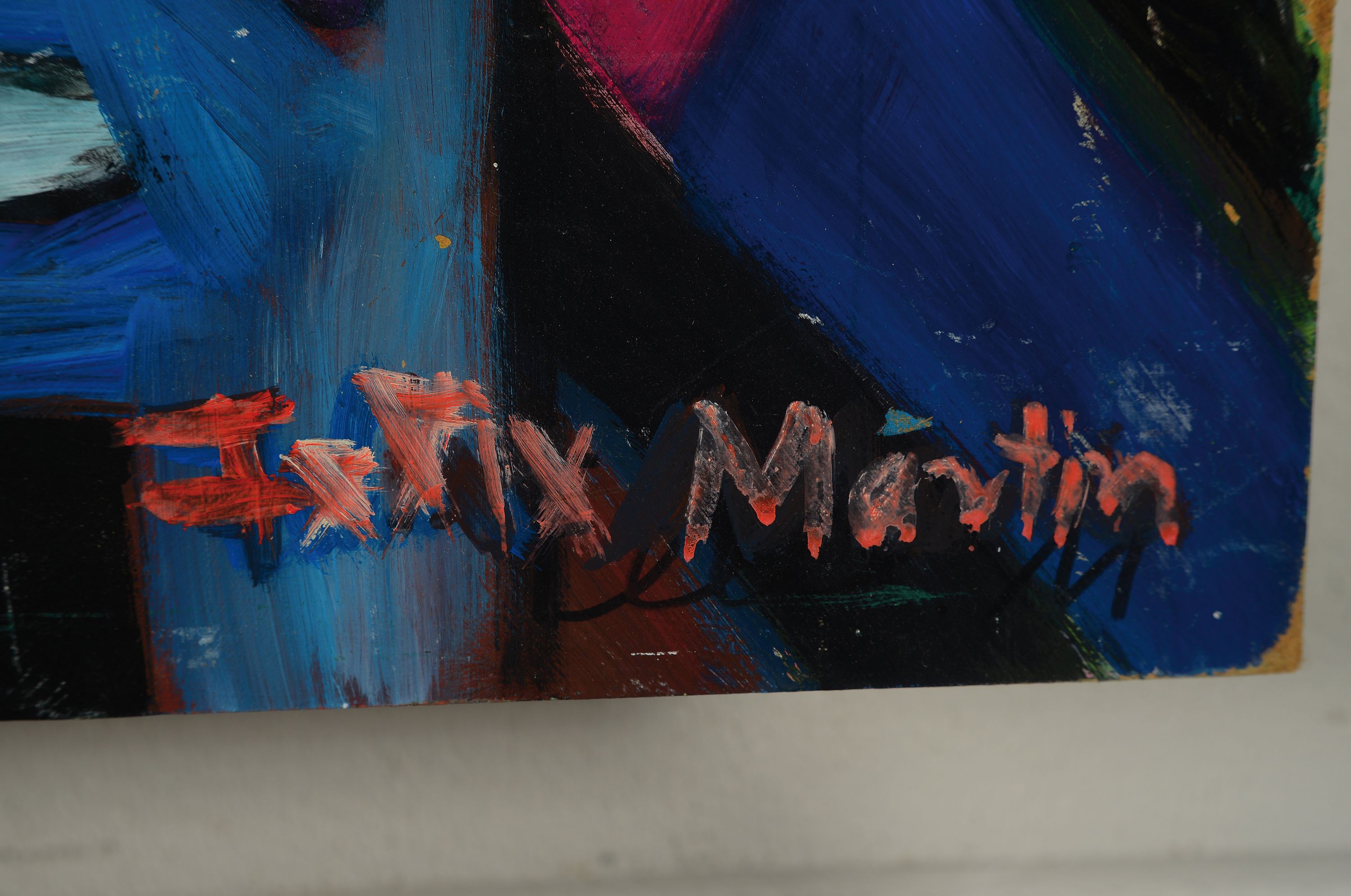 Detail a: Felix Martin, geb. 1971 Baden-Baden, lebt und arbeitet in Berlin, expressive Häuserlandschaft vor Bäumen und Bergen, Öl/ Hartfaser, rückseitig ...