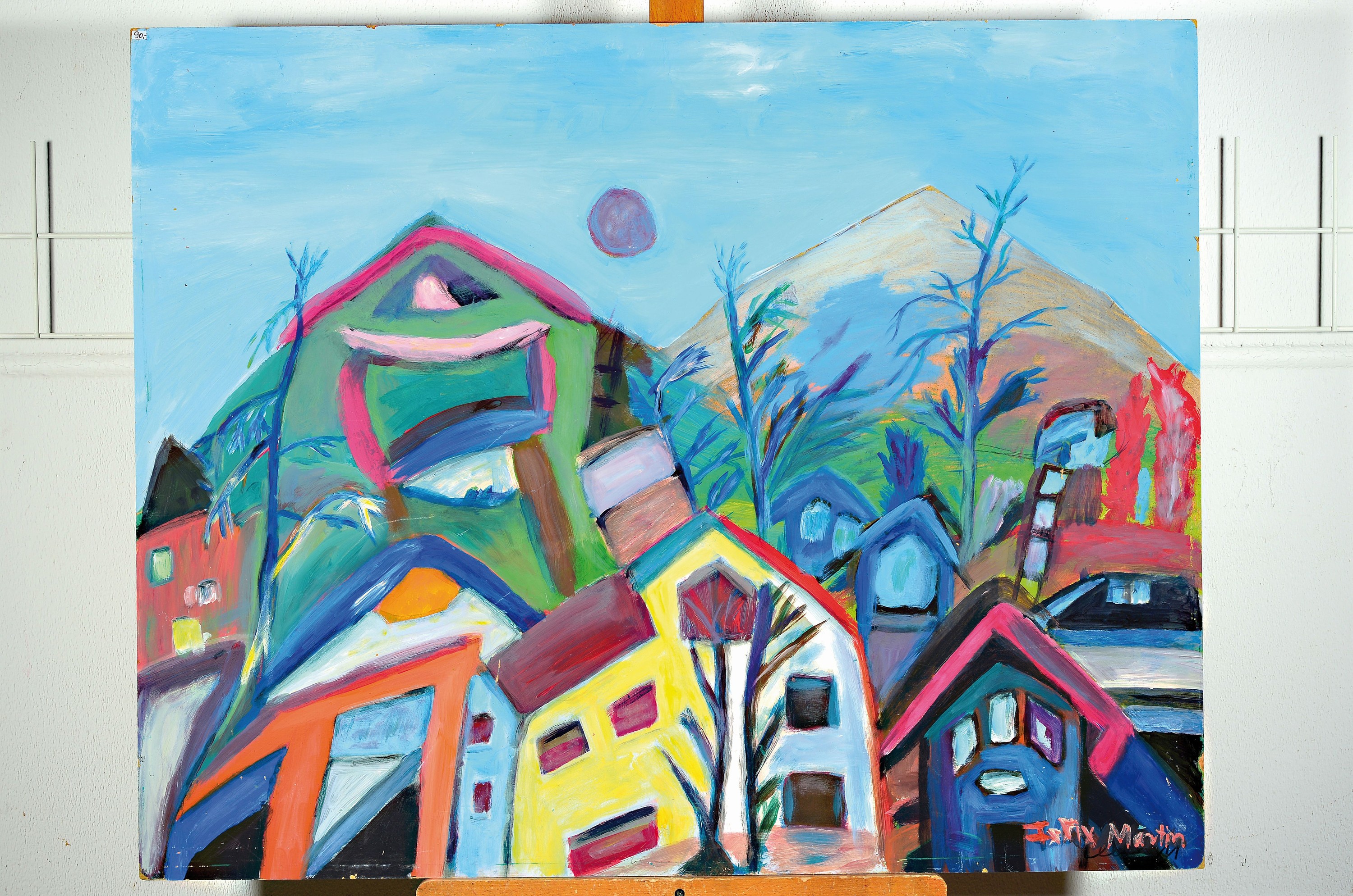 Detail k: Felix Martin, geb. 1971 Baden-Baden, lebt und arbeitet in Berlin, expressive Häuserlandschaft vor Bäumen und Bergen, Öl/ Hartfaser, rückseitig ...