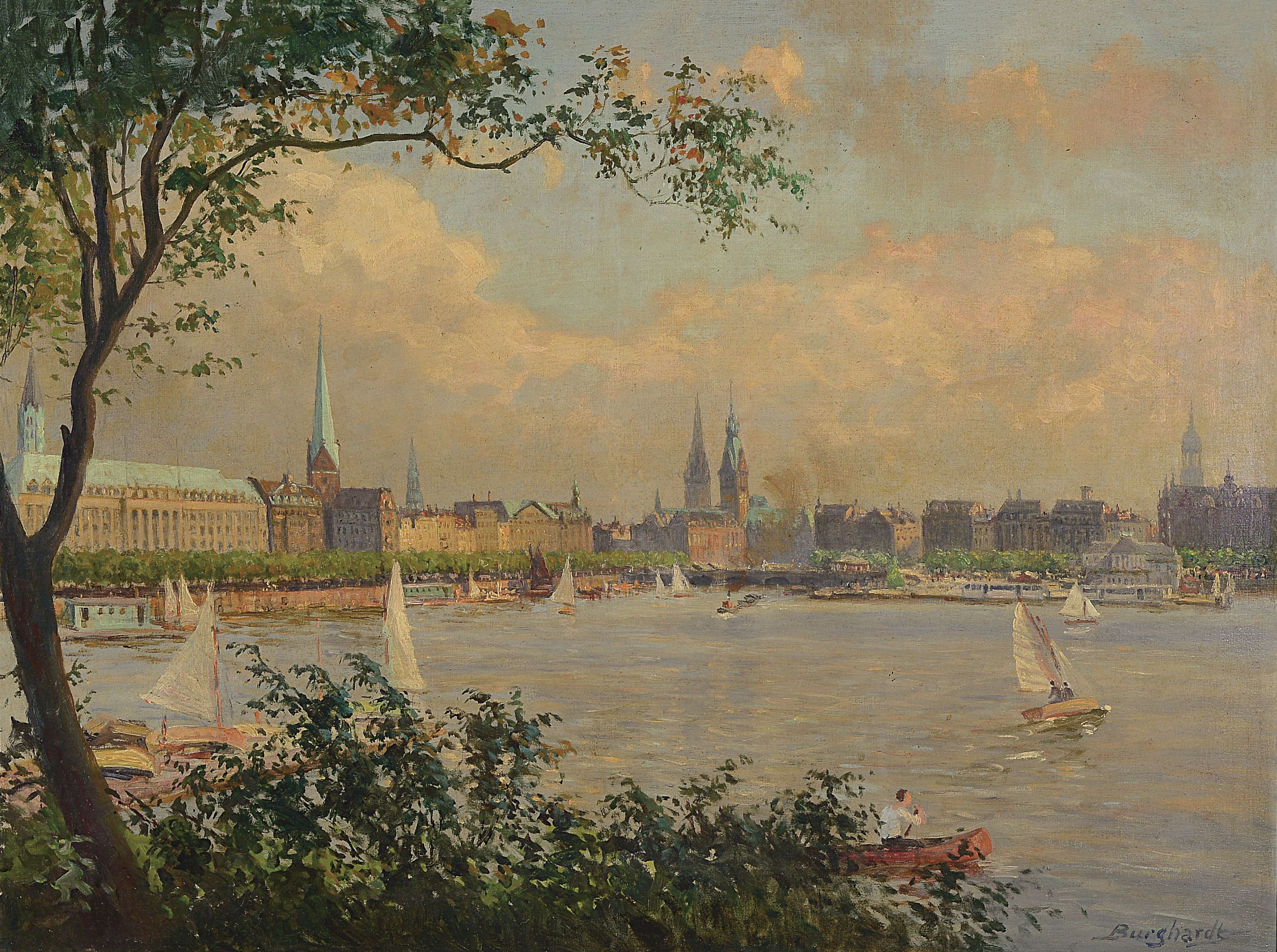 Gustav Burghardt, 1890-1970 Hamburg, Panorama-Ansicht der Hamburger Binnenalster mit Hamburger Wahrzeichen, Öl/Lwd, rechts unten signiert, ca. ...