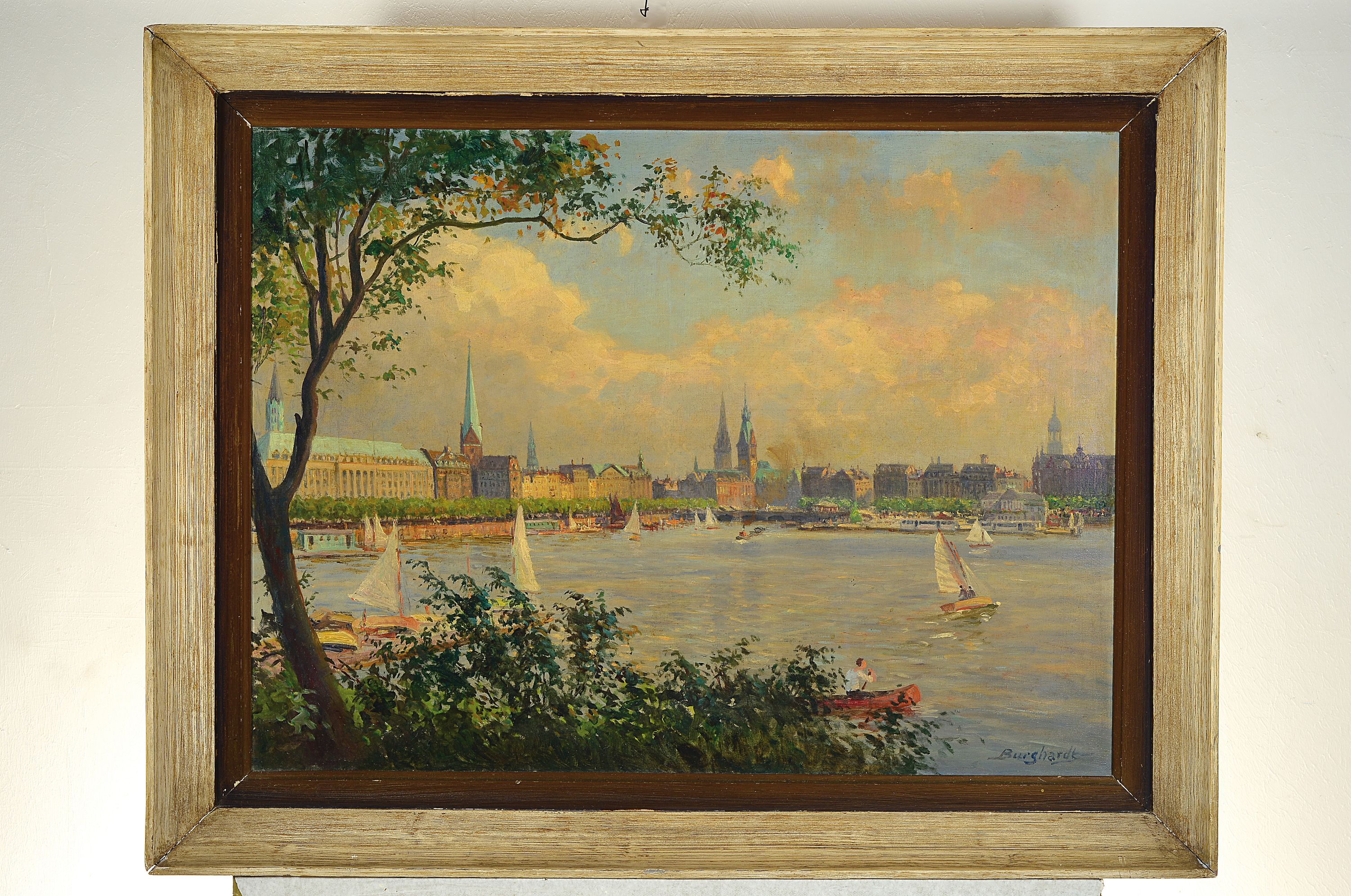 Detail k: Gustav Burghardt, 1890-1970 Hamburg, Panorama-Ansicht der Hamburger Binnenalster mit Hamburger Wahrzeichen, Öl/Lwd, rechts unten signiert, ca. ...