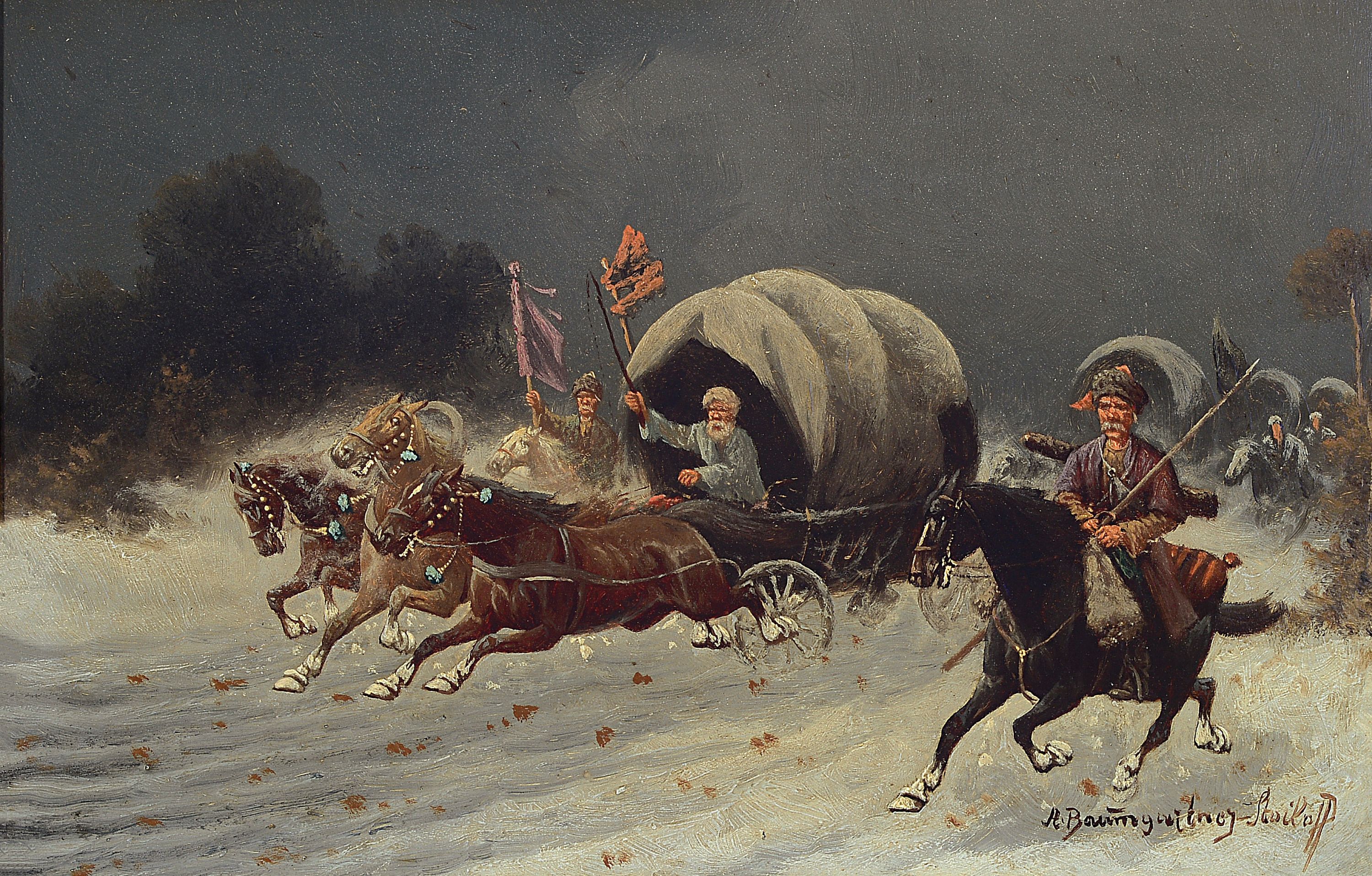 Adolf Constantin Baumgarten-Stoiloff, 1850 Linz-1924 Wien, Kosakische Troika mit Eskorte in Winterlandschaft, Öl/Holz, rechts unten signiert, ca. ...