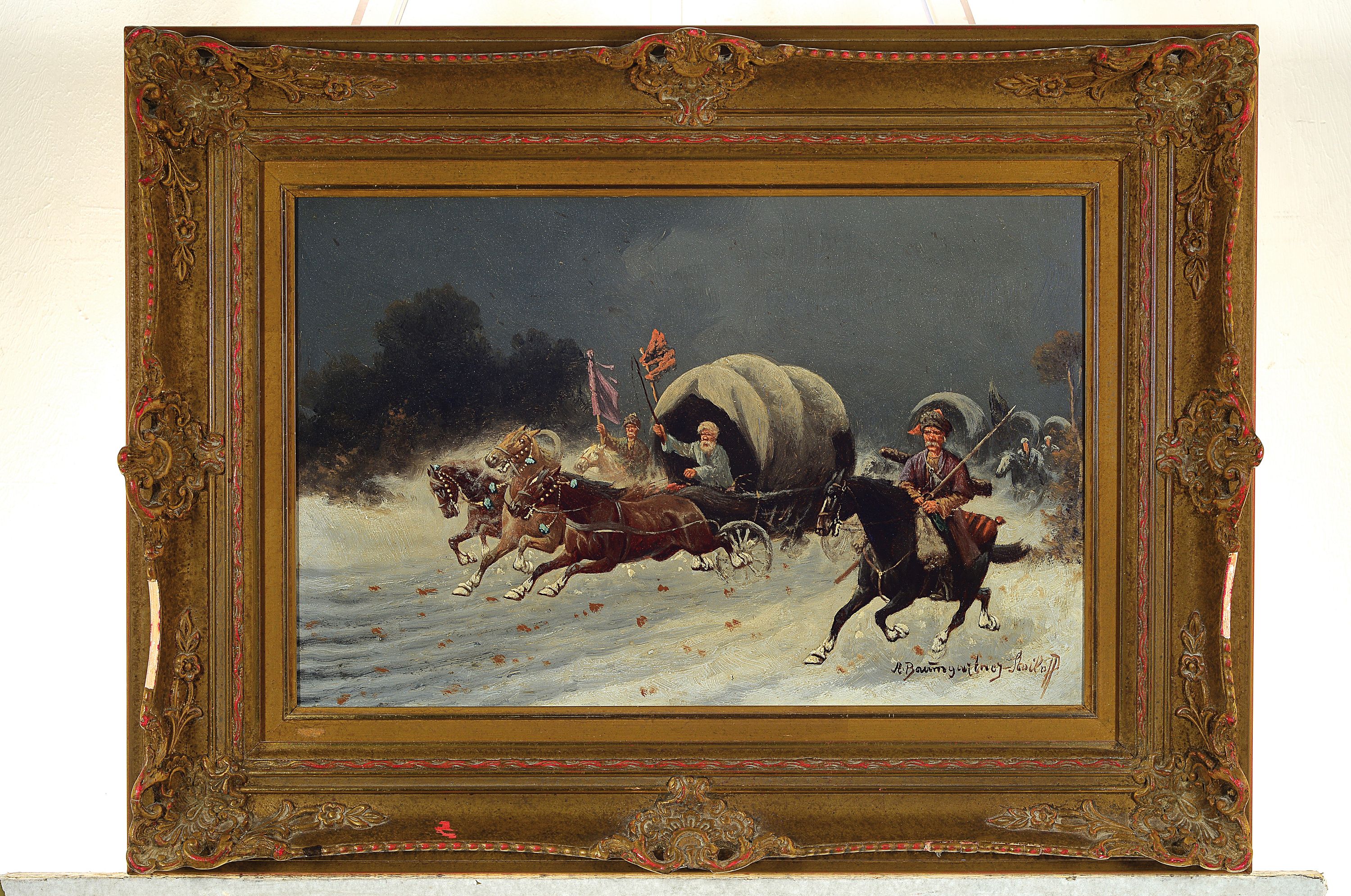 Detail k: Adolf Constantin Baumgarten-Stoiloff, 1850 Linz-1924 Wien, Kosakische Troika mit Eskorte in Winterlandschaft, Öl/Holz, rechts unten signiert, ca. ...