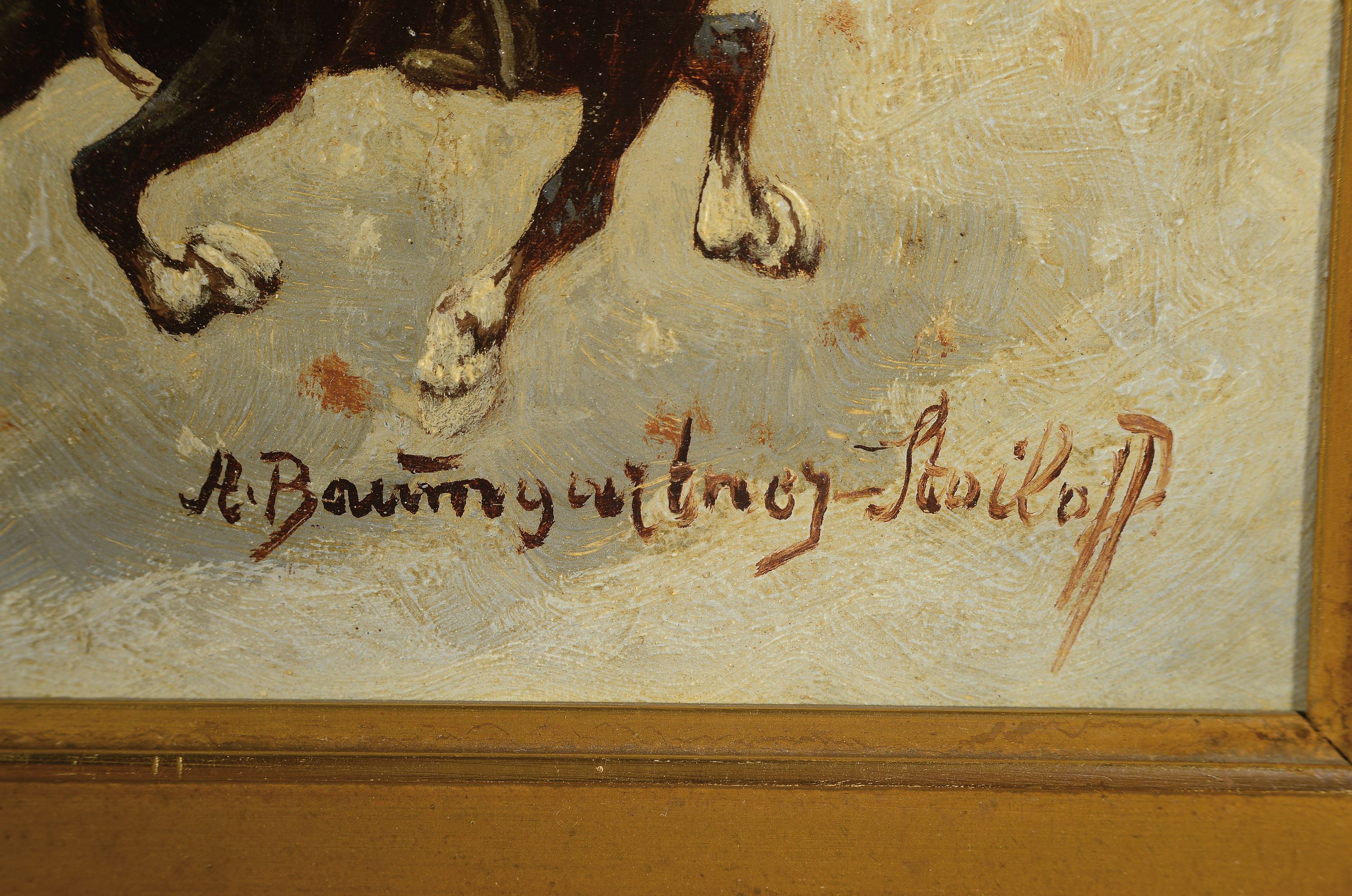 Detail l: Adolf Constantin Baumgarten-Stoiloff, 1850 Linz-1924 Wien, Kosakische Troika mit Eskorte in Winterlandschaft, Öl/Holz, rechts unten signiert, ca. ...