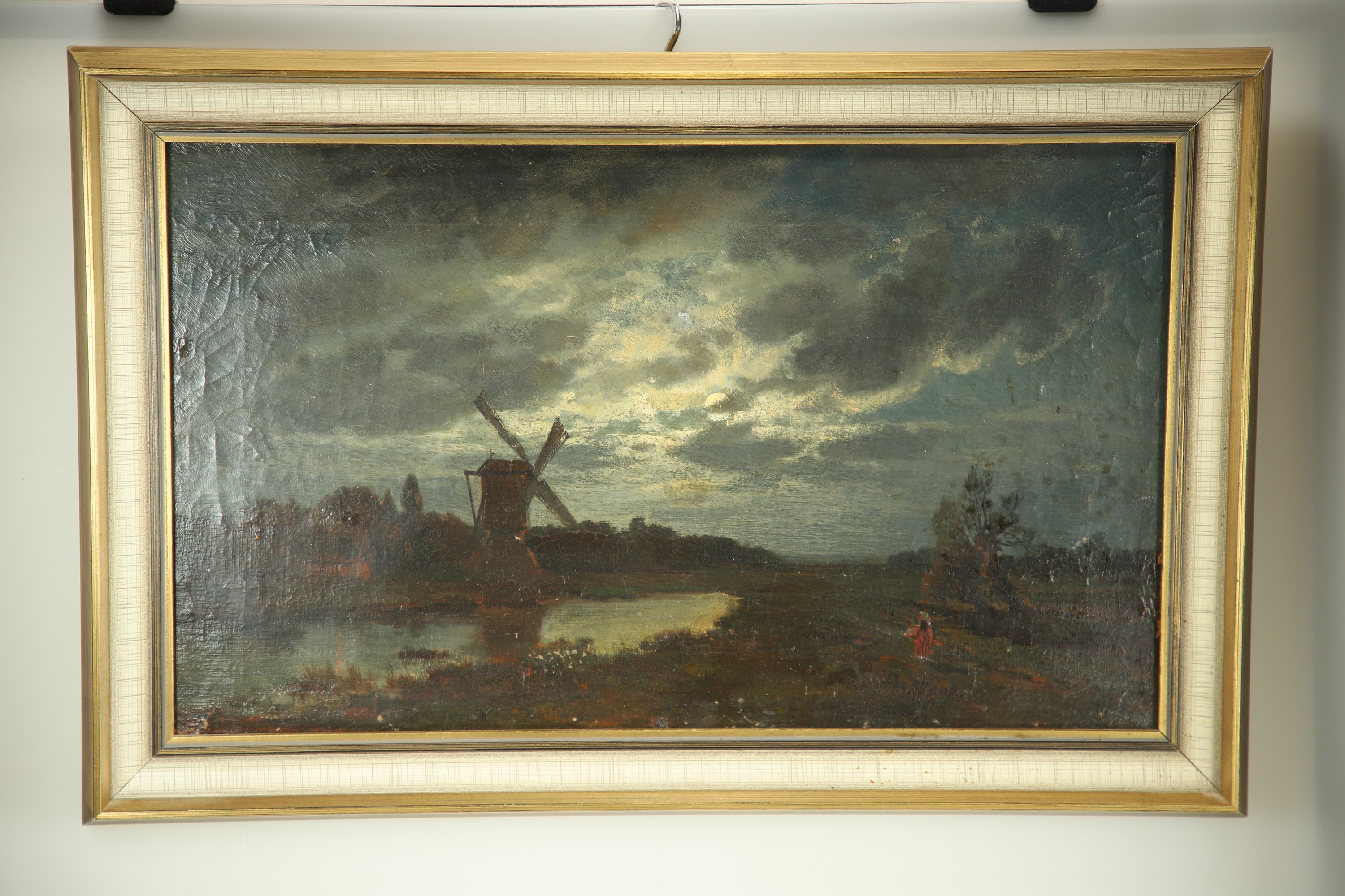 Unbekannter Künstler, signiert Schoubroeck o.?., Vollmondlandschaft mit Fluss und Windmühle, einsame Wanderin nebst kahler Weide, Öl/Lwd, links ...