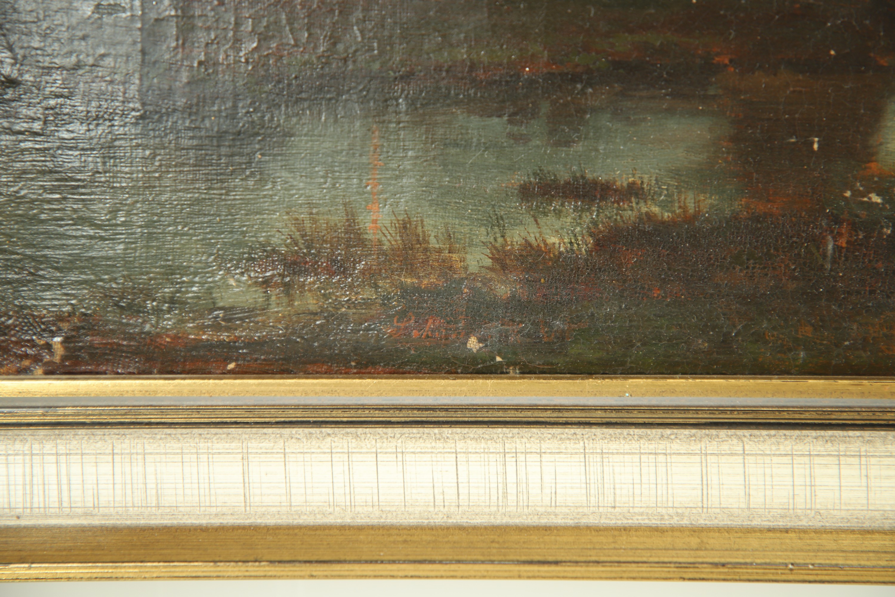 Detail a: Unbekannter Künstler, signiert Schoubroeck o.?., Vollmondlandschaft mit Fluss und Windmühle, einsame Wanderin nebst kahler Weide, Öl/Lwd, links ...