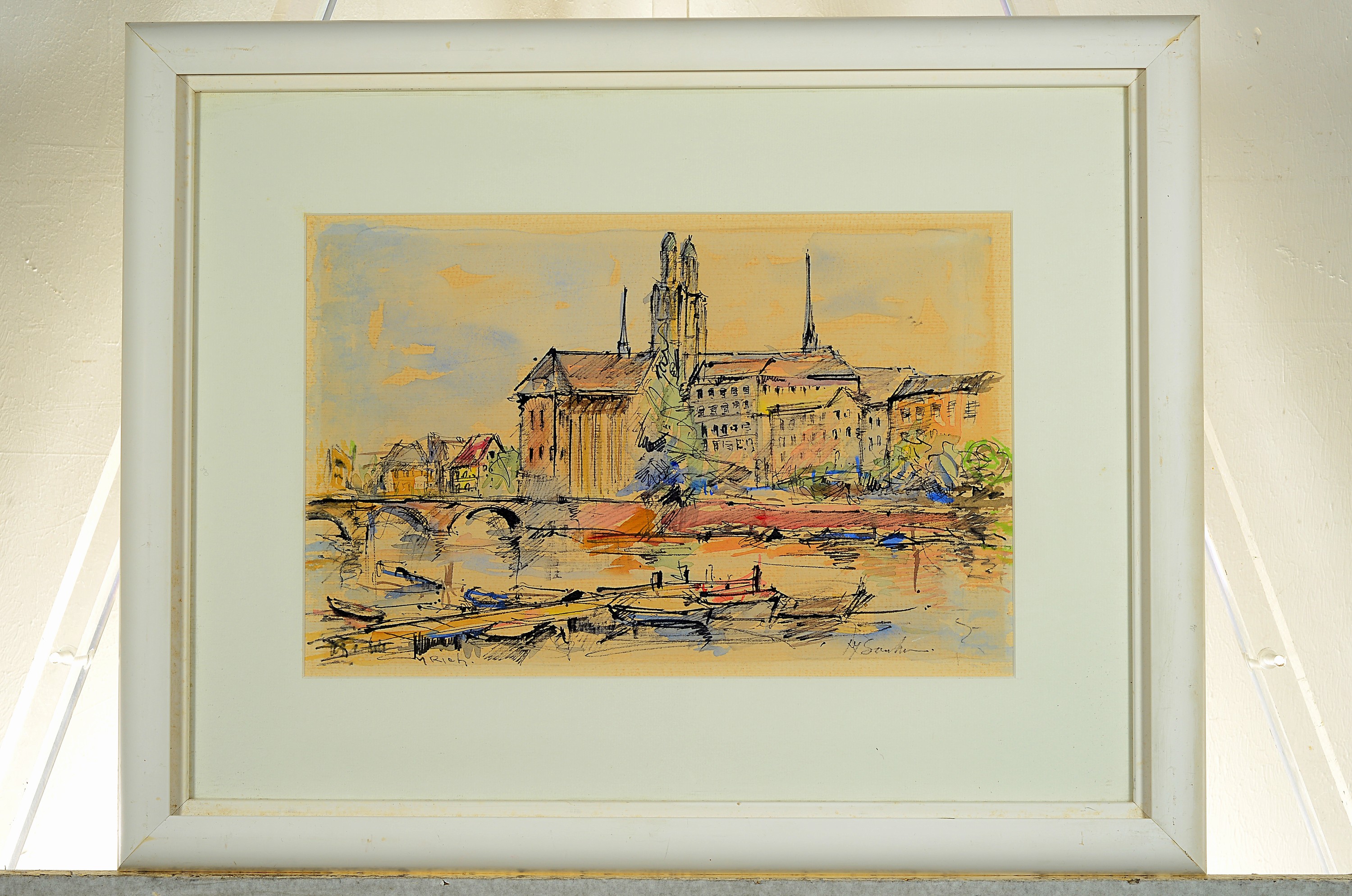 Detail a: Michel Soutine, 1941-1986 Paris, 2 Pendants: Ansichten aus Zürich, Rathaus und Grossmünster, Tusche und Aquarell auf Papier, beide sign., je ca. ...