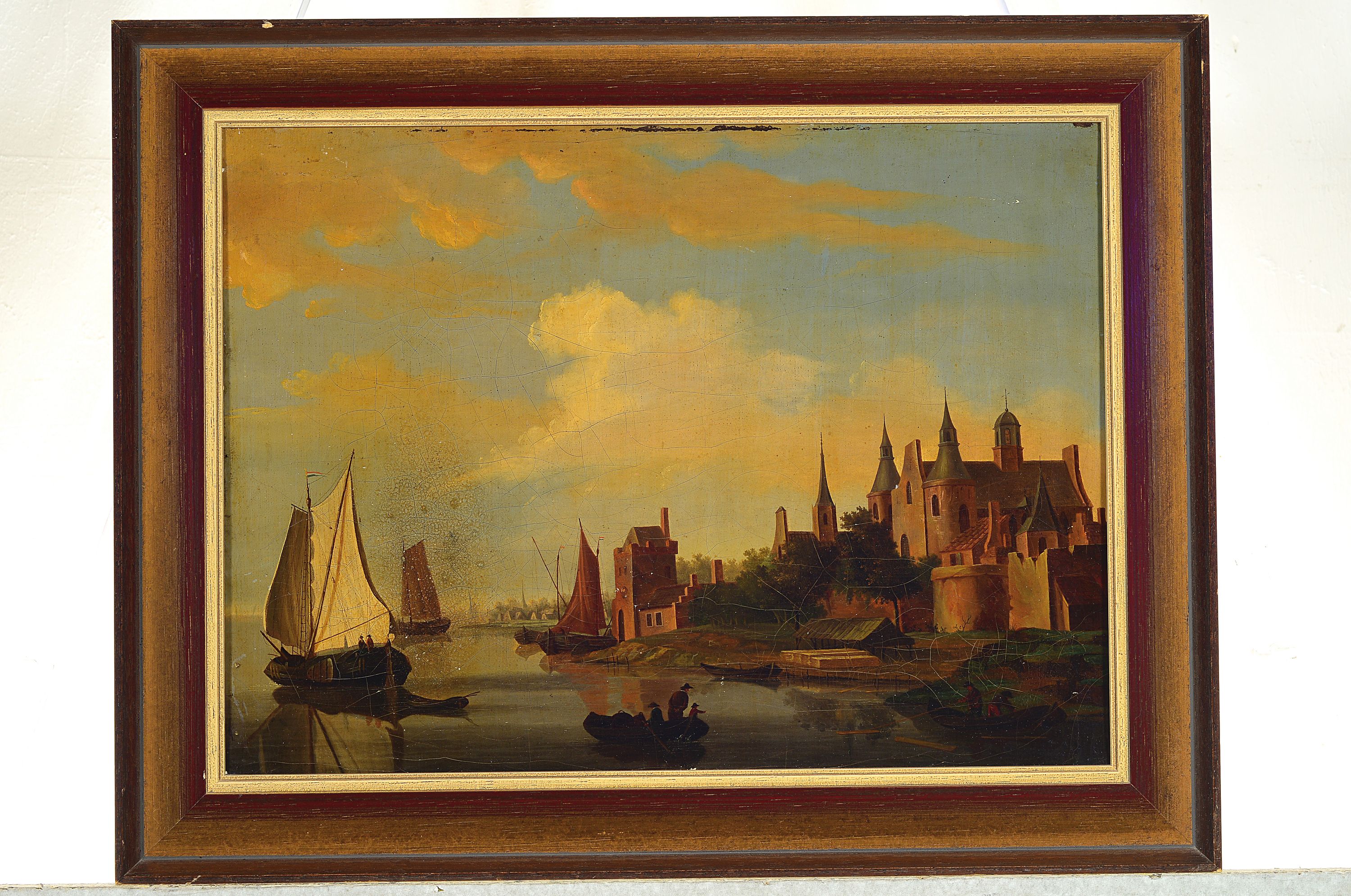 Detail k: Spätromantiker, Maler um 1850-60, abendliche Hafenszene vor mittelalterlicher Stadt, Öl/Lwd, rest., krakeliert, ca. 33x44cm, R. ca. 42x53cm