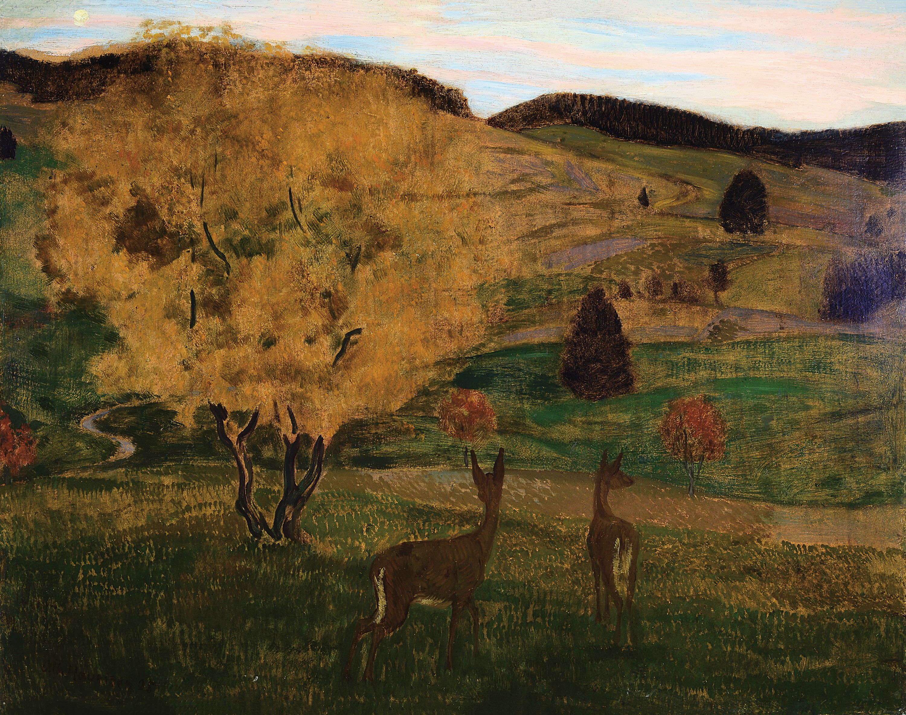 Albert Haueisen, 1872 Stuttgart-1954 Kandel, Rehe bei Bernau (Schwarzwald), enstanden wohl in der Zeit bei Hans Thoma, Öl/Malkarton/ parkettierter ...