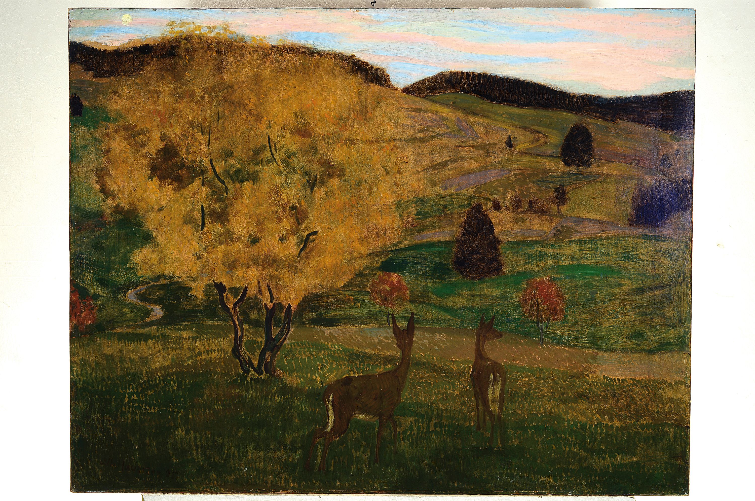 Detail k: Albert Haueisen, 1872 Stuttgart-1954 Kandel, Rehe bei Bernau (Schwarzwald), enstanden wohl in der Zeit bei Hans Thoma, Öl/Malkarton/ parkettierter ...