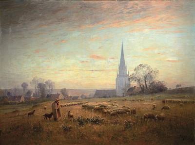 Image 26774124 - Louis Aimé Japy, 1840 Doubs-1916 Paris, shepherd with his sheep in front of a village,in the background the church, Evening mood, oil/canvas, restored, relined, signed lower right, approx. 115x153cm, frame approx. 117x155cm