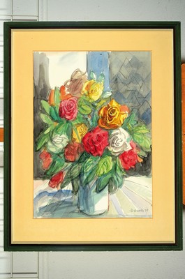 26774163k - Heinz Brzoska, 1942 Katowice-2015 Ludwigshafen, watercolor, flower still life, 80x62 cm framed under glass