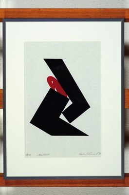 Image 26774178 - Martin Schöneich, born 1955 Grünstadt, 2 linocuts and one etching, informal compositionin red and black, two linocuts, hand signed. and numbered 14/50 or 17/50, each approx 29x19cm, passe-partout, u.Gl., R. approx 40x31cm; drypoint etching with embossed printing, signed, inscribed: e.a., approx 29x21cm, passe-partout, below, R. approx 40x31cm; lives and works in Bad Bergzabern, studied at the academy Munich, master student of Prof. Erich Koch