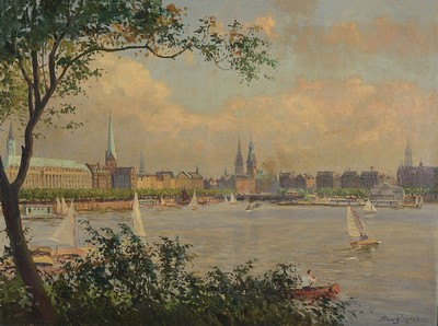 Image 26774179 - Gustav Burghardt, 1890-1970 Hamburg, panoramicview of the Hamburg Binnenalster with Hamburg landmarks, oil/canvas, signed lower right, approx. 60x80cm, frame approx. 75x95cm