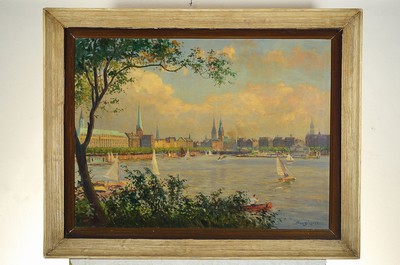 26774179k - Gustav Burghardt, 1890-1970 Hamburg, panoramicview of the Hamburg Binnenalster with Hamburg landmarks, oil/canvas, signed lower right, approx. 60x80cm, frame approx. 75x95cm