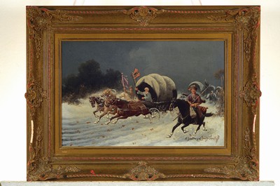 26774180k - Adolf Constantin Baumgarten-Stoiloff, 1850 Linz-1924 Vienna, Cossack troika with escort in winter landscape, oil/wood, lower signed right, approx. 31x48cm, frame approx. 50x66cm