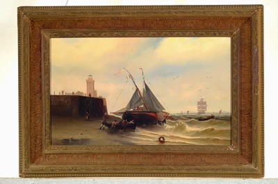 26774185a - Monogramist C.B., painter of the 19th century, 2 counterparts with maritime paintings, oil/canvas, both monogr., one on the back inscribed: Tréport in the Normandie, each approx. 27x43cm, frame approx. 40x57cm, this slightly damaged
