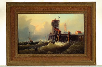 26774185k - Monogramist C.B., painter of the 19th century, 2 counterparts with maritime paintings, oil/canvas, both monogr., one on the back inscribed: Tréport in the Normandie, each approx. 27x43cm, frame approx. 40x57cm, this slightly damaged