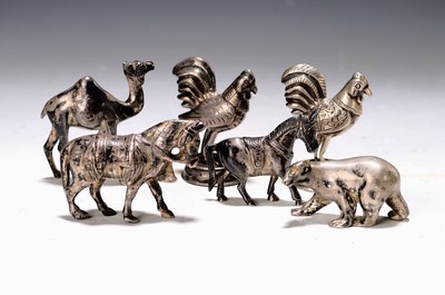 Image Six animal figures made of silver, around 1900 to the middle of the 20th century, mule, ...