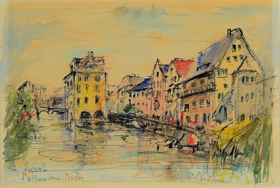 Image 26774189 - Michel Soutine, 1941-1986 Paris, 2 counterparts: views from Zurich, Rathaus and Grossmünster, ink and watercolor on paper, both signed., each approx. 23x36cm, PP, under glass, frame approx. 44x55cm