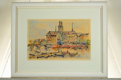 26774189a - Michel Soutine, 1941-1986 Paris, 2 counterparts: views from Zurich, Rathaus and Grossmünster, ink and watercolor on paper, both signed., each approx. 23x36cm, PP, under glass, frame approx. 44x55cm