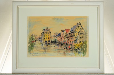 26774189k - Michel Soutine, 1941-1986 Paris, 2 counterparts: views from Zurich, Rathaus and Grossmünster, ink and watercolor on paper, both signed., each approx. 23x36cm, PP, under glass, frame approx. 44x55cm