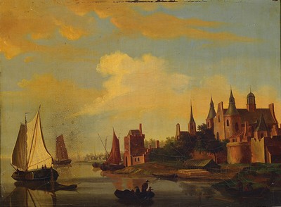 Image 26774191 - Late Romantic, painter around 1850-60, eveningharbor scene in front of a medieval city, oil/canvas, restored, crazed, approx. 33x44cm,frame approx. 42x53cm