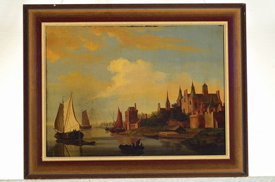 26774191k - Late Romantic, painter around 1850-60, eveningharbor scene in front of a medieval city, oil/canvas, restored, crazed, approx. 33x44cm,frame approx. 42x53cm