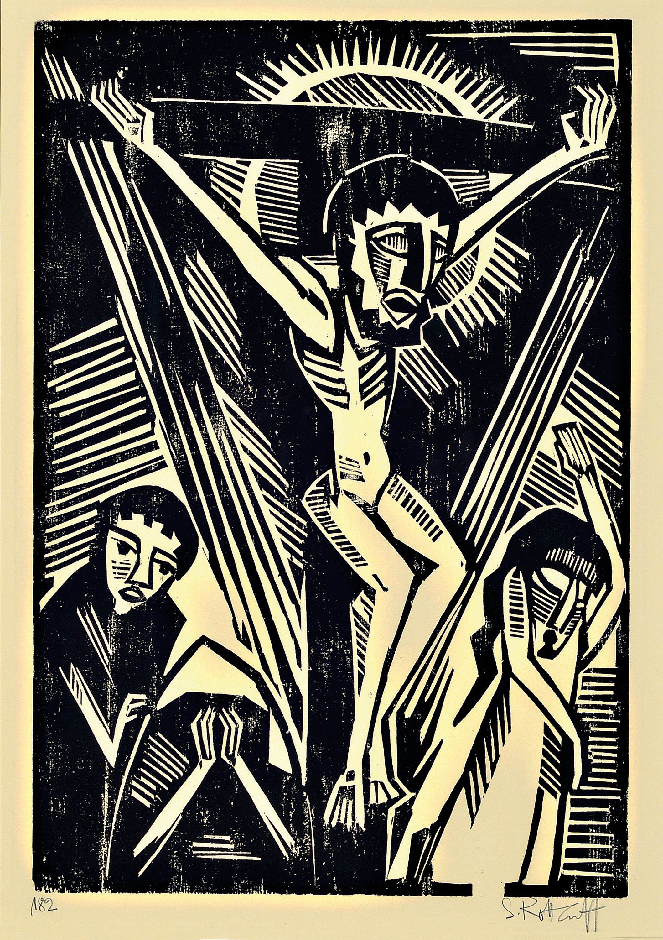 Karl Schmitt-Rottluff, 1884 Rottluff-1976 Berlin, Gekreuzigter, Holzschnitt von 1918, re. u. handsign., links unten bezeichnet "182" (Nr. ...