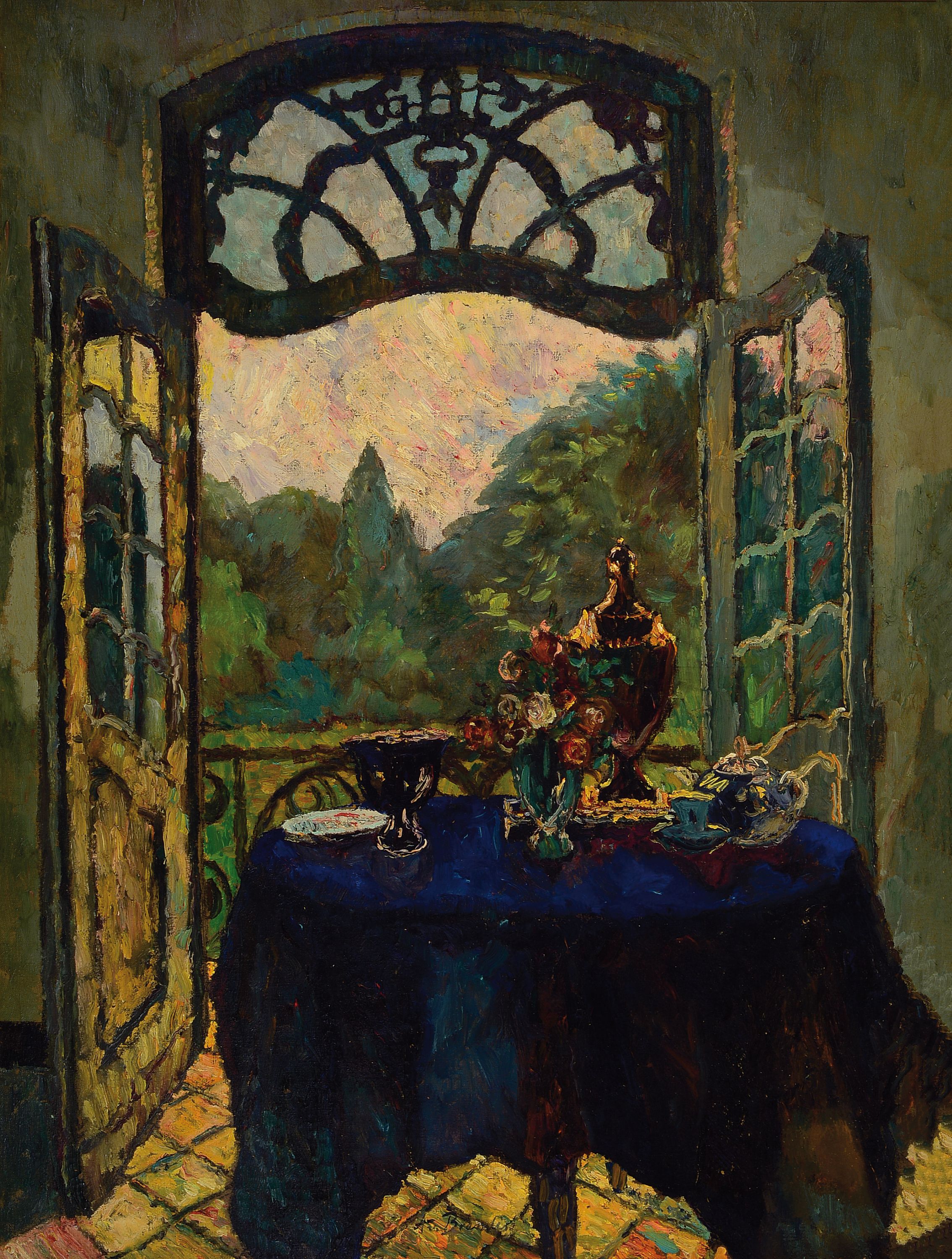 August von Brandis, 1859 Haselhorst-1947 Aachen, Interieur mit Blick in den Sommergarten des Künstlers, Öl/Lwd, mittig unten sign., ca. 112x85cm, ...