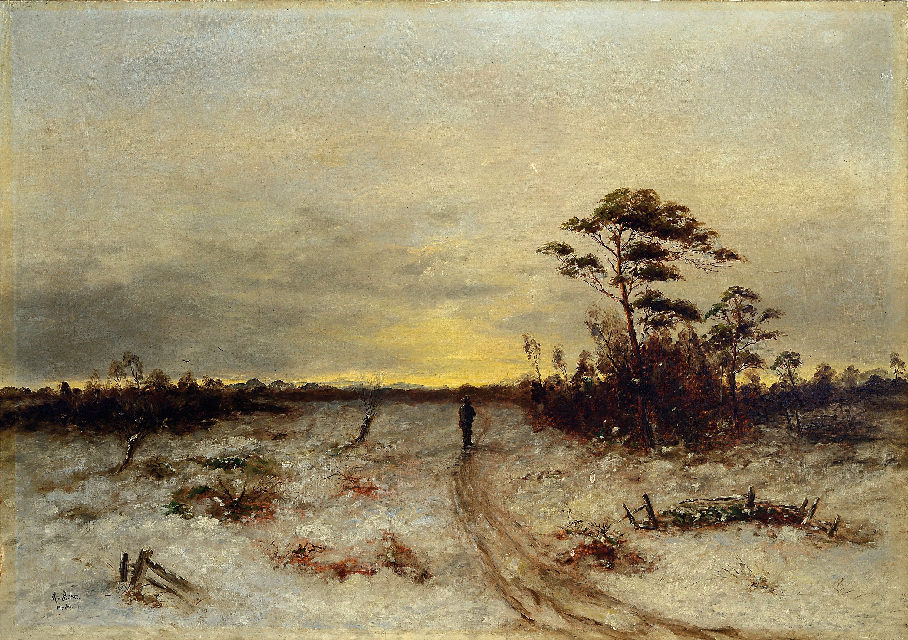 Anton von Rüdt, 1883-1936, Winterlandschaft mit Wanderer im Dachauer Moos, Öl/Lwd, links unten sign., ca. 74x 104cm, kleine Lwd-Perforationen