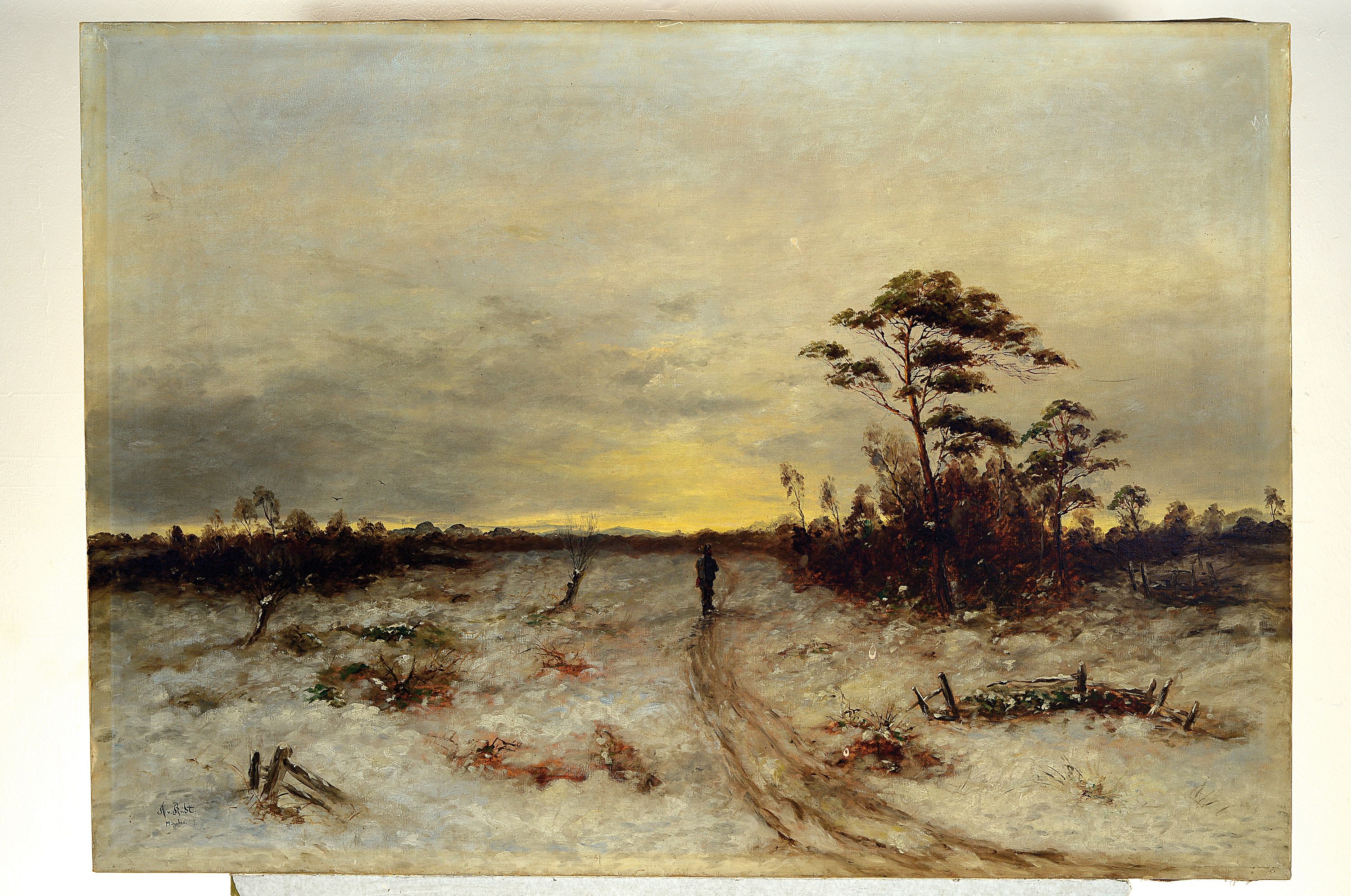 Detail k: Anton von Rüdt, 1883-1936, Winterlandschaft mit Wanderer im Dachauer Moos, Öl/Lwd, links unten sign., ca. 74x 104cm, kleine Lwd-Perforationen